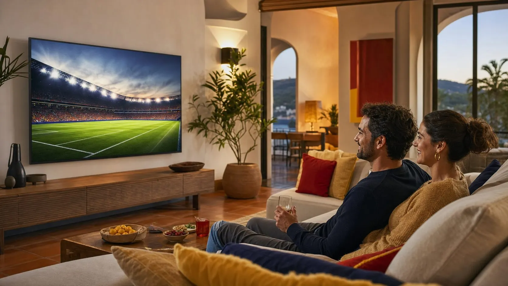 Couple regardant la télévision dans un salon